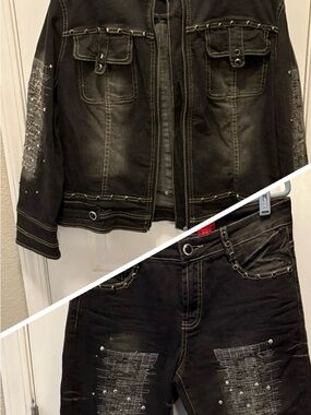Women's V Cristina Embellished Denim Jean Jacket Size XL Matching Pants Sz 8